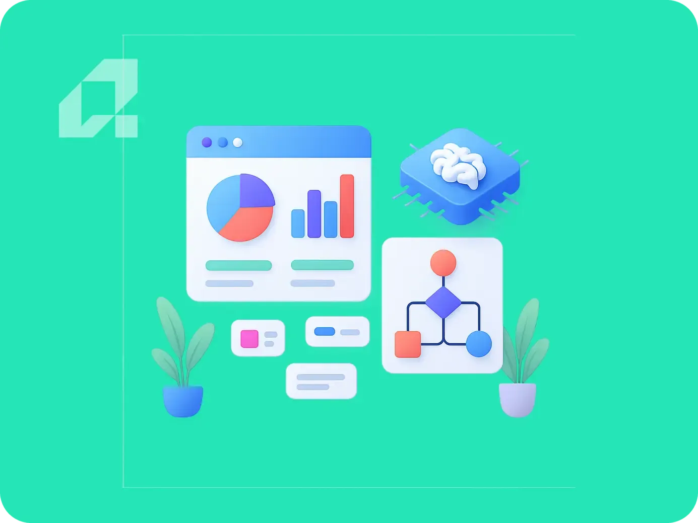Colorful data visualization and analytics graphics on a green background, symbolizing AI and machine learning insights.