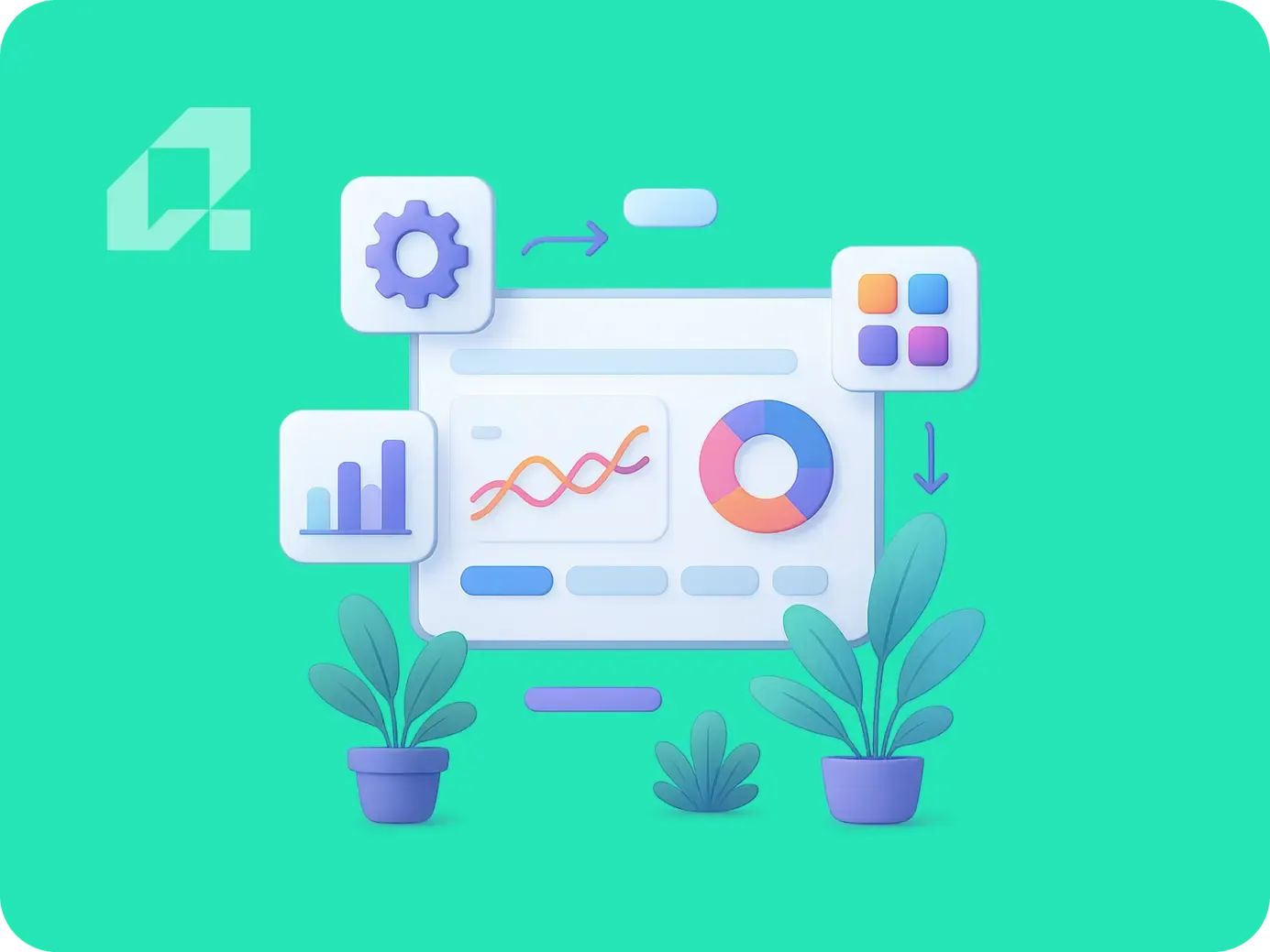 Illustration depicting RPA tools and charts, symbolizing finance automation in large banks' back-office processes.