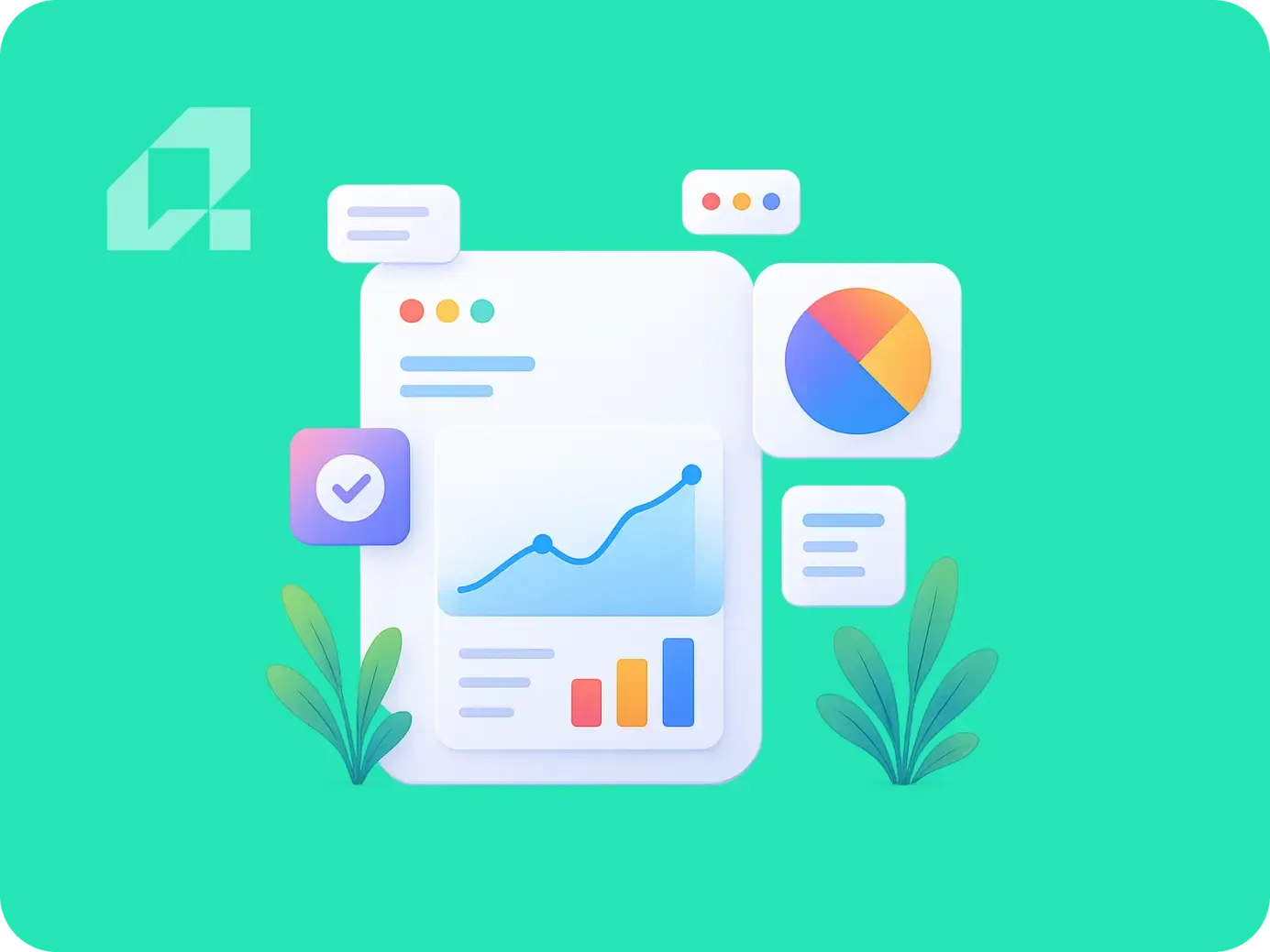 Illustration of AI automation with graphs, charts, and data-driven elements on a green background.