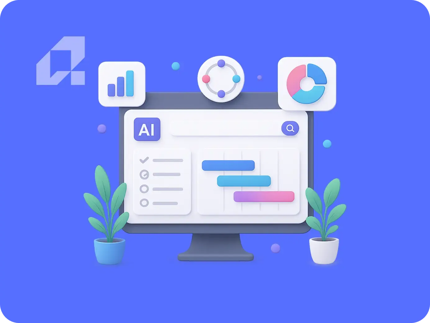 Grafika przedstawiająca pipeline wdrożeń AI na ekranie komputera z wykresami i roślinami w tle.