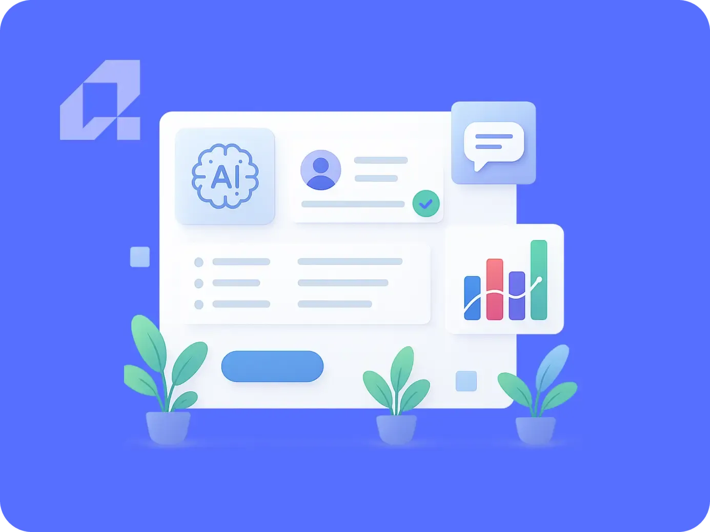 Grafika ilustrująca AI w rekrutacji, z wykresami, danymi i elementami interfejsu użytkownika.