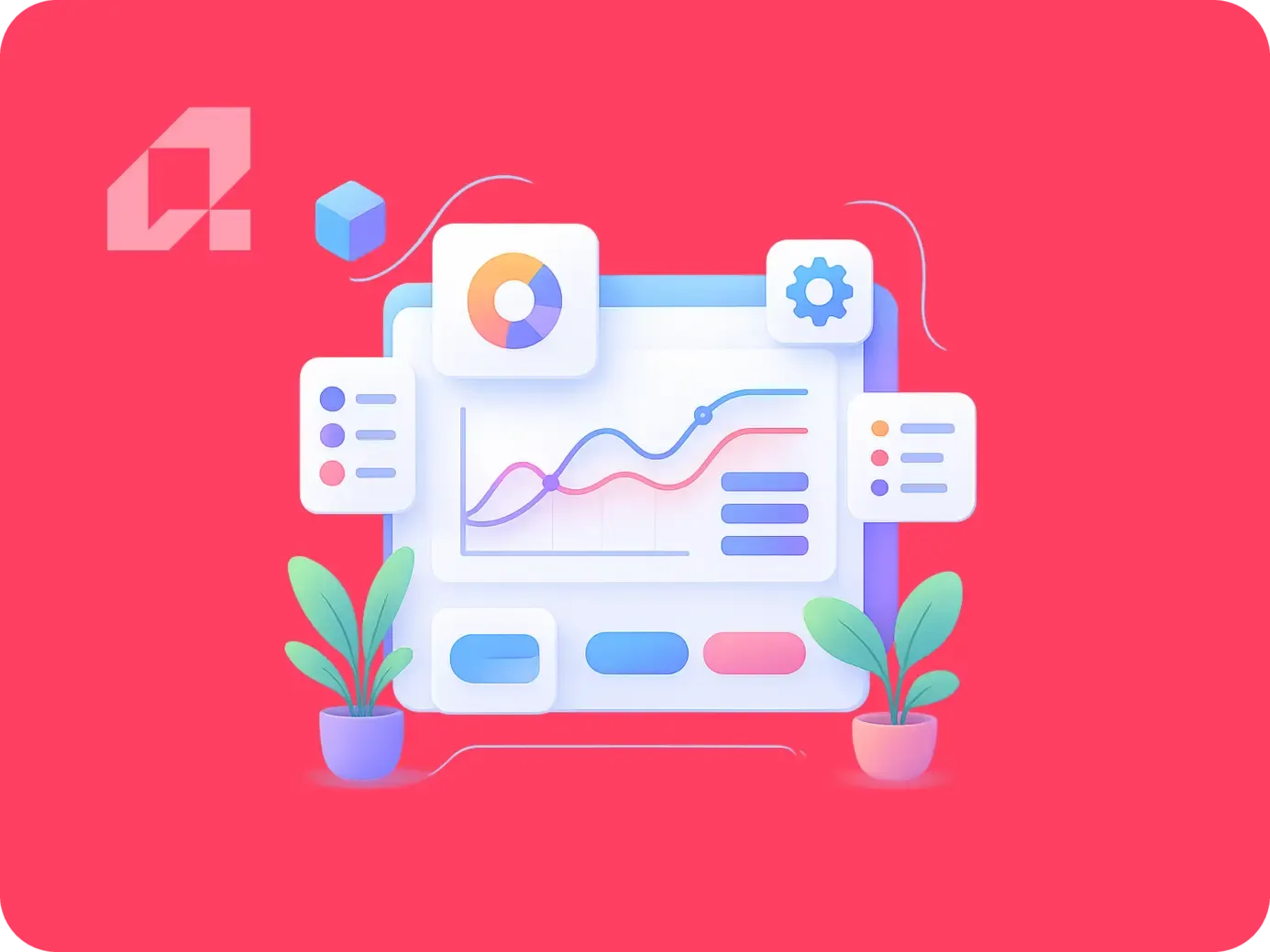 Strapi: Przewodnik po headless CMS dla biznesu, wizualizacja danych i grafik na różowym tle.