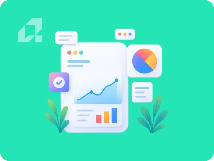 Illustration of AI automation with graphs, charts, and data-driven elements on a green background.