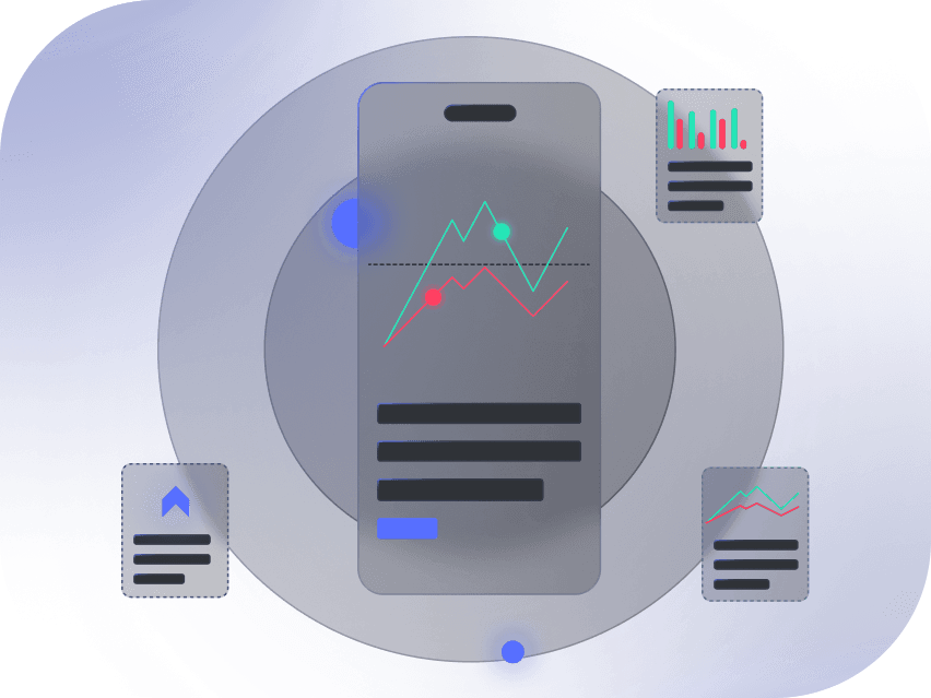 Illustration of a mobile application with charts and user interface elements