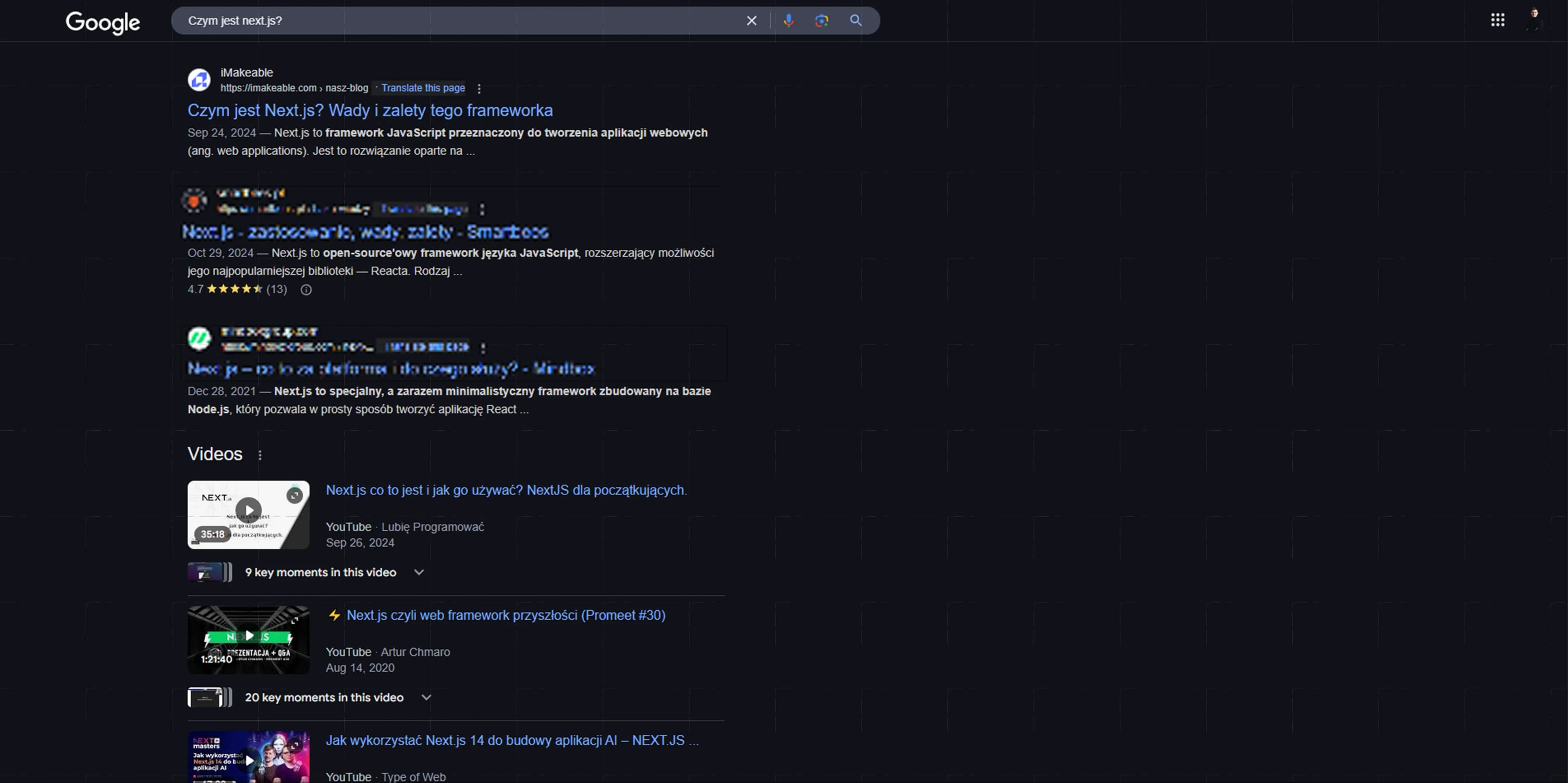Przykłady google na hasło "czym jest next.js?"