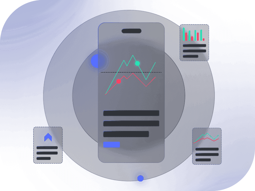 Illustration of a mobile application with charts and user interface elements