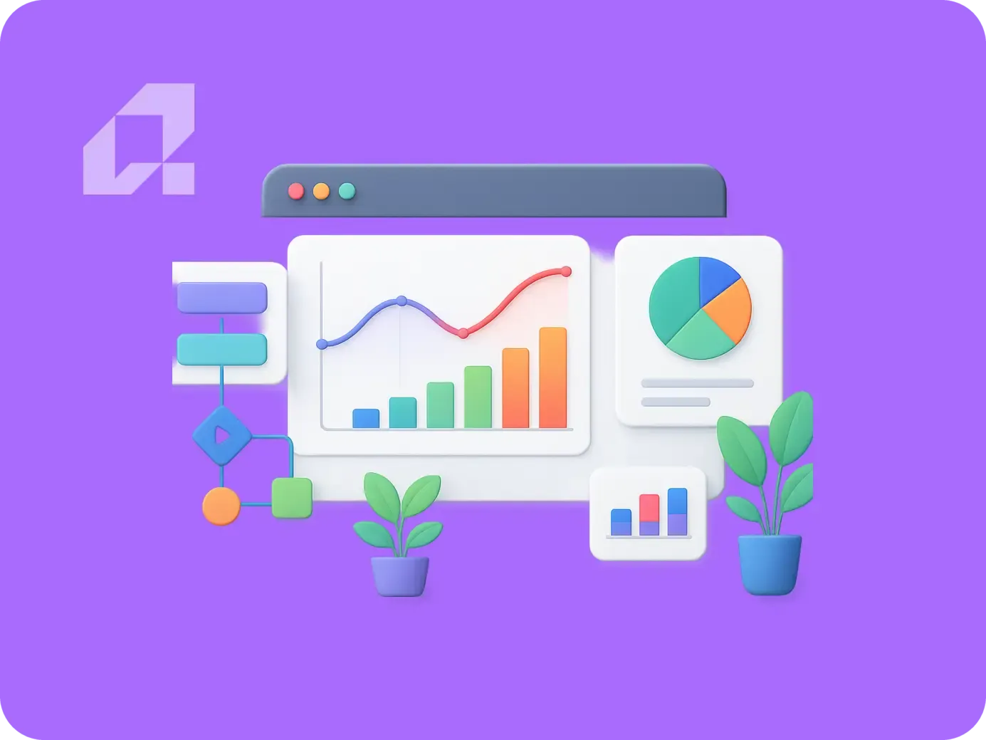 Automatyzacja dla firm: Roadmapa dla ponad 200 przedsiębiorstw Infografika przedstawiająca roadmapę automatyzacji dla firm, z wykresami i diagramami na fioletowym tle.