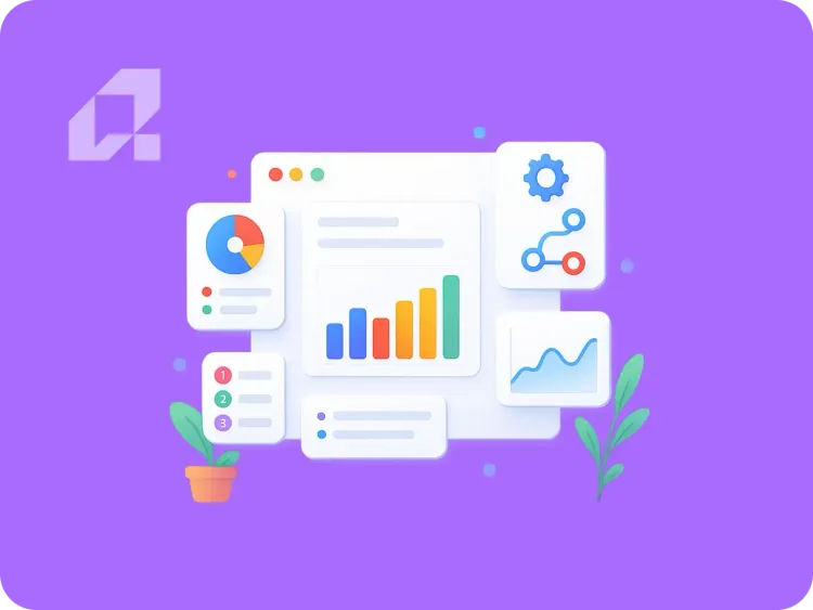 5 Kluczowych Obszarów Automatyzacji w Twojej Firmie Obraz ilustruje pięć kluczowych obszarów automatyzacji w firmie, z ikonami danych i wykresów.